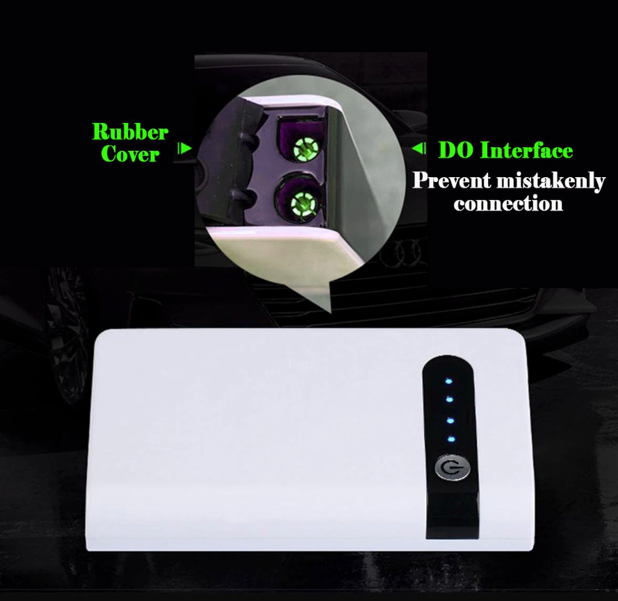 20000mAh Car Jump Starter Booster with smart jumper cables and LED light, designed for quick vehicle starts and device charging.