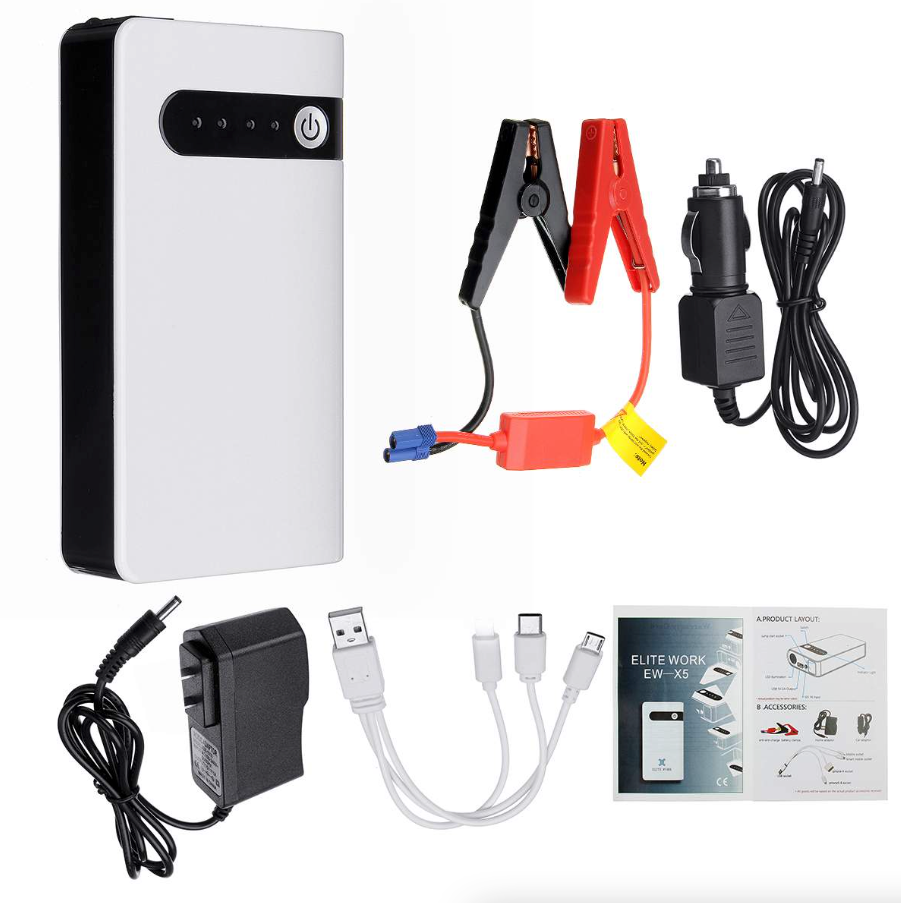 20000mAh Car Jump Starter Booster with smart jumper cables and LED light, designed for quick vehicle starts and device charging.