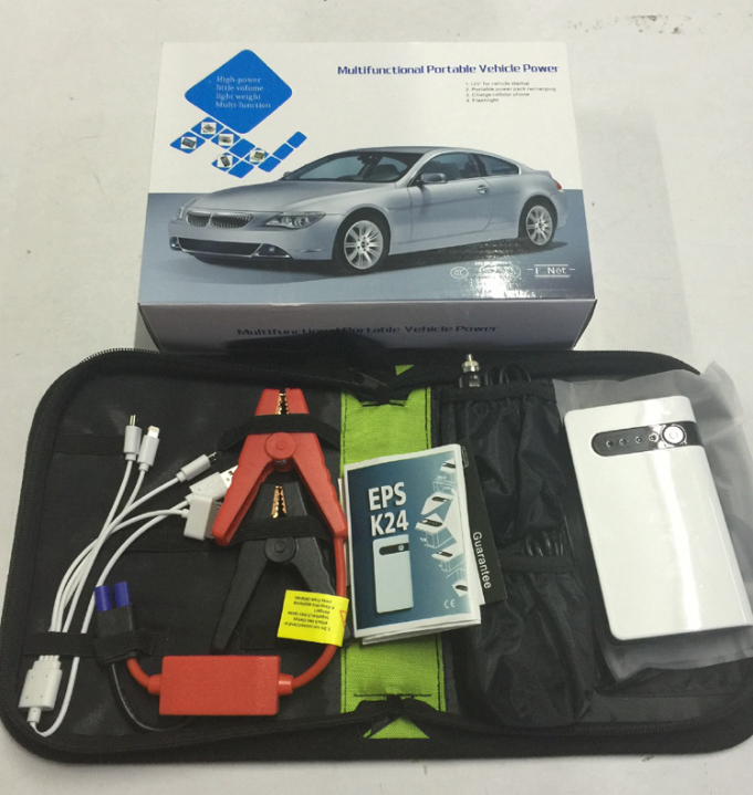 20000mAh Car Jump Starter Booster with smart jumper cables and LED light, designed for quick vehicle starts and device charging.