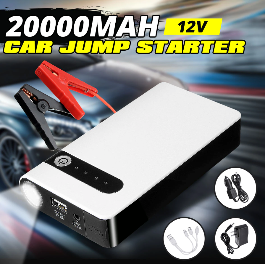 20000mAh Car Jump Starter Booster with smart jumper cables and LED light, designed for quick vehicle starts and device charging.