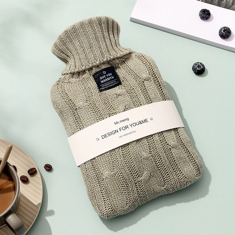 2000ml Hot Water Bottle with a soft knitted cover in solid color, designed for warmth and comfort during winter.