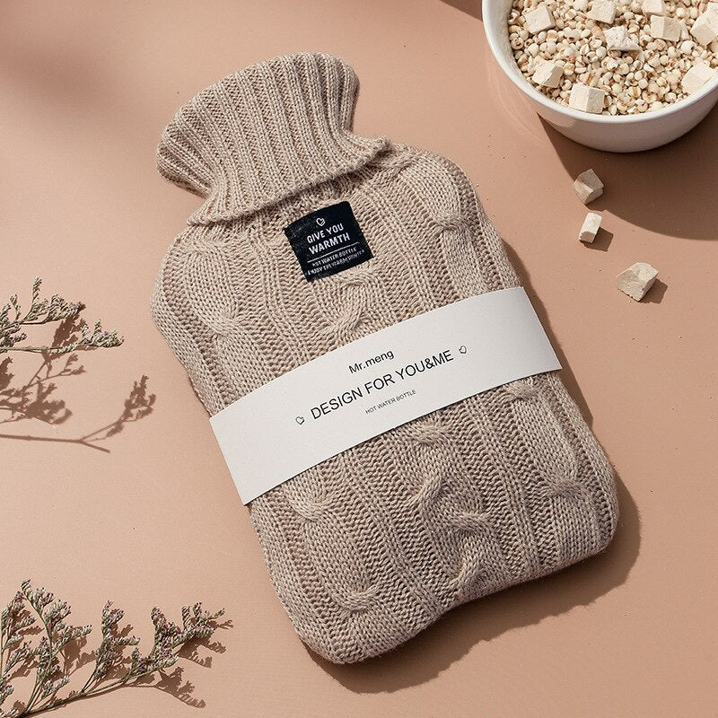 2000ml Hot Water Bottle with a soft knitted cover in solid color, designed for warmth and comfort during winter.