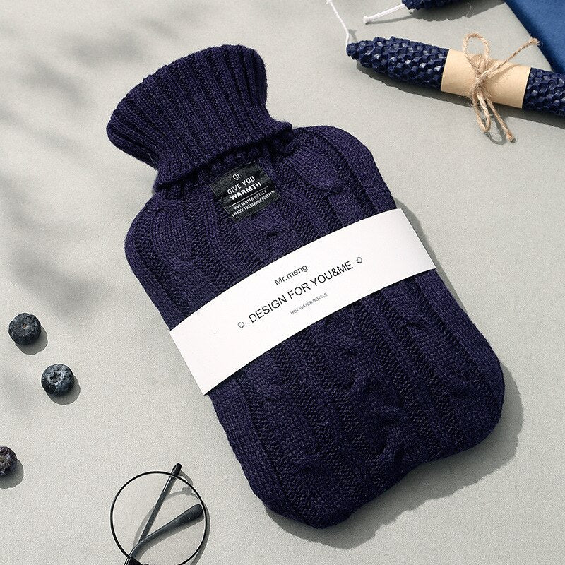 2000ml Hot Water Bottle with a soft knitted cover in solid color, designed for warmth and comfort during winter.