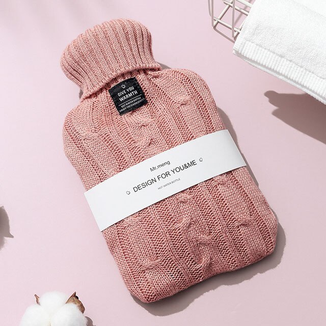 2000ml Hot Water Bottle with a soft knitted cover in solid color, designed for warmth and comfort during winter.