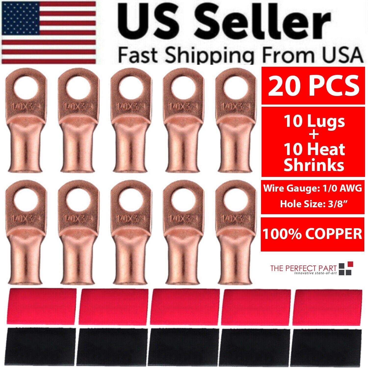 20PCS 1/0 AWG Gauge Copper Lugs with BLACK and RED Heat Shrink Ring Terminals, showcasing their durable and efficient design for electrical connections.