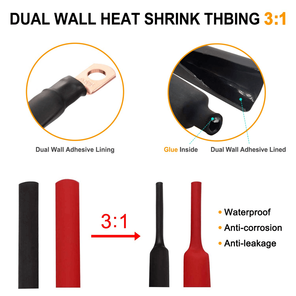 20PCS 1/0 AWG Gauge Copper Lugs with BLACK and RED Heat Shrink Ring Terminals, showcasing their durable and efficient design for electrical connections.