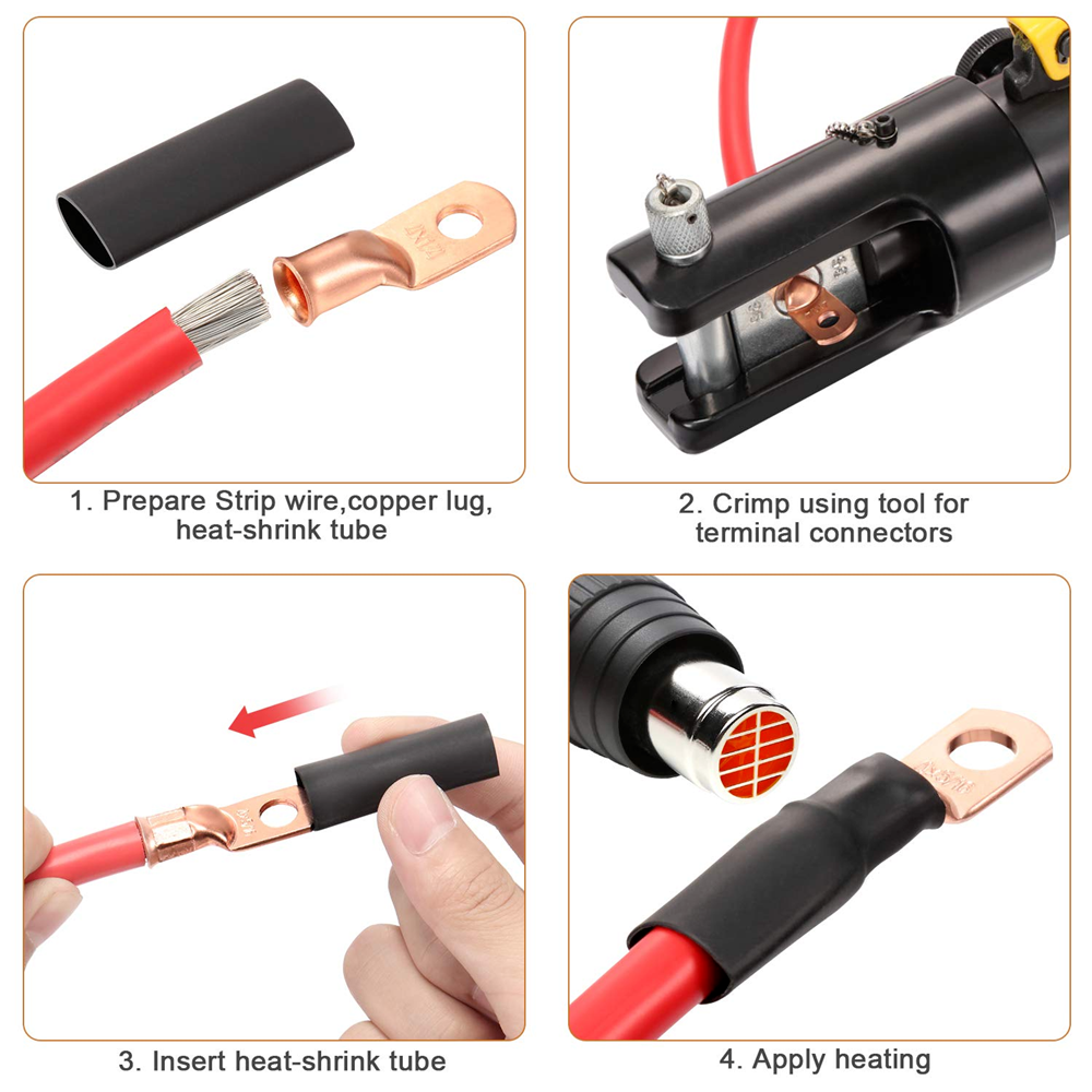 20PCS 1/0 AWG Gauge Copper Lugs with BLACK and RED Heat Shrink Ring Terminals, showcasing their durable and efficient design for electrical connections.