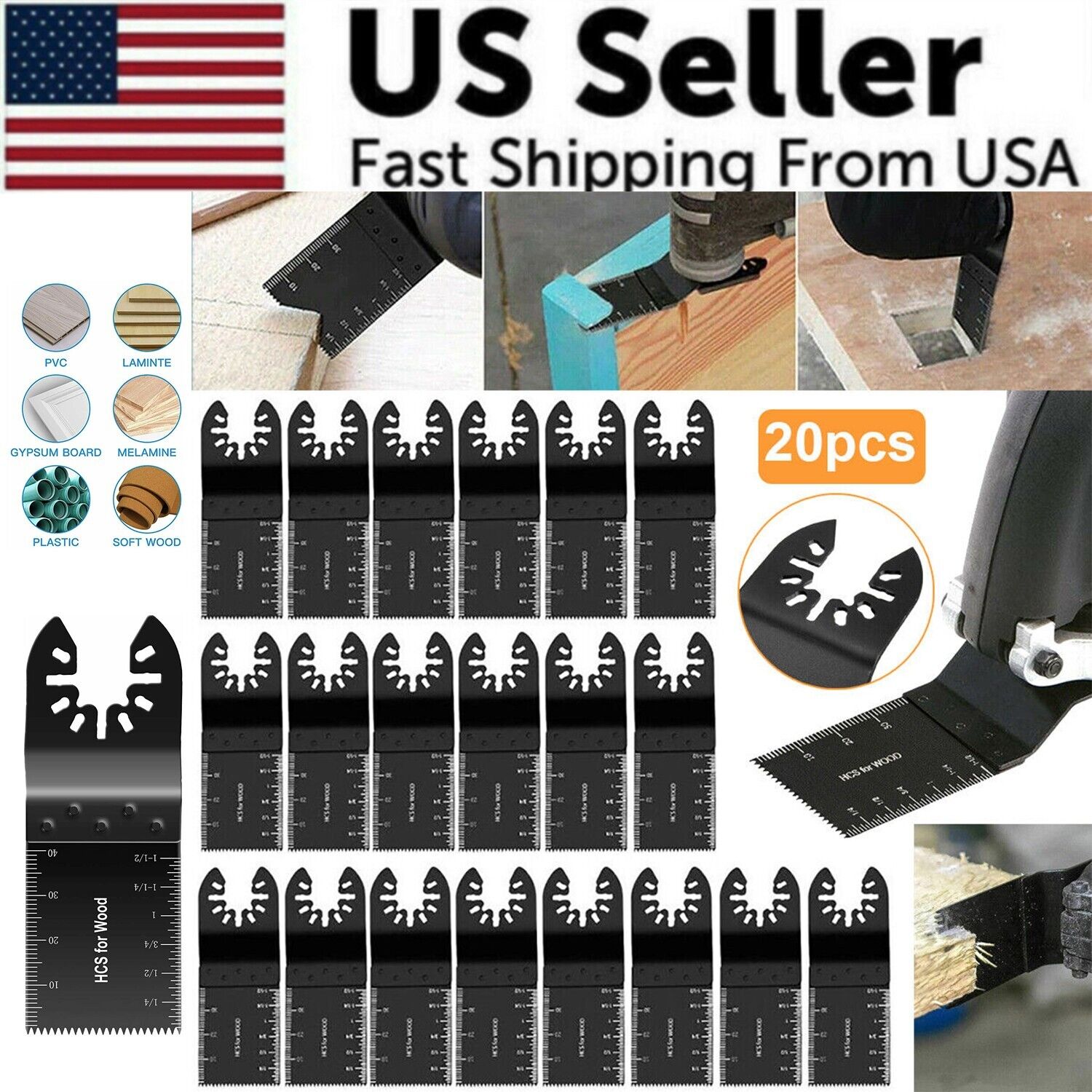 A set of 20 oscillating multi tool saw blades designed for cutting wood and metal, showcasing their sharp teeth and durable construction.