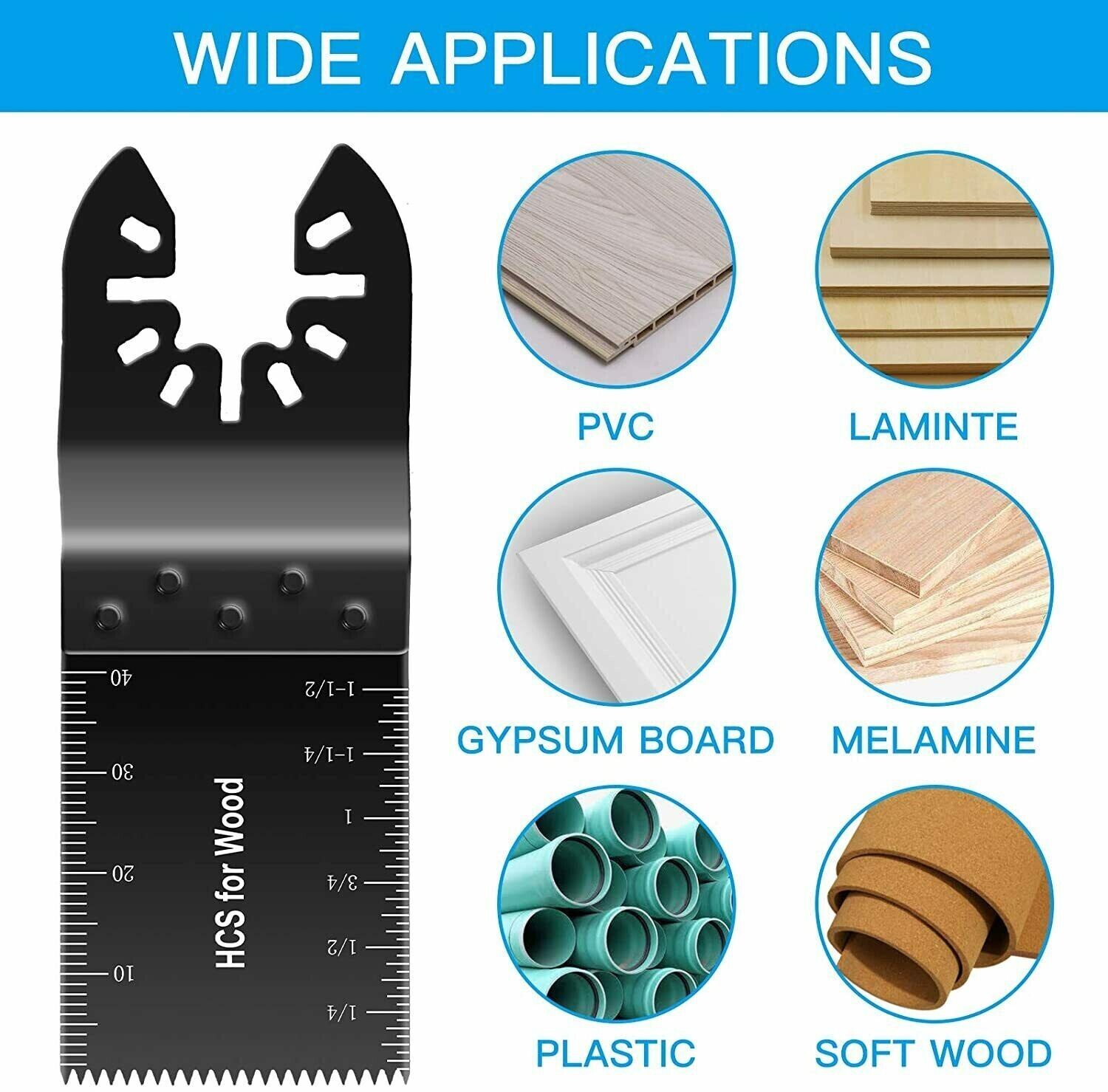 A set of 20 oscillating multi tool saw blades designed for cutting wood and metal, showcasing their sharp teeth and durable construction.