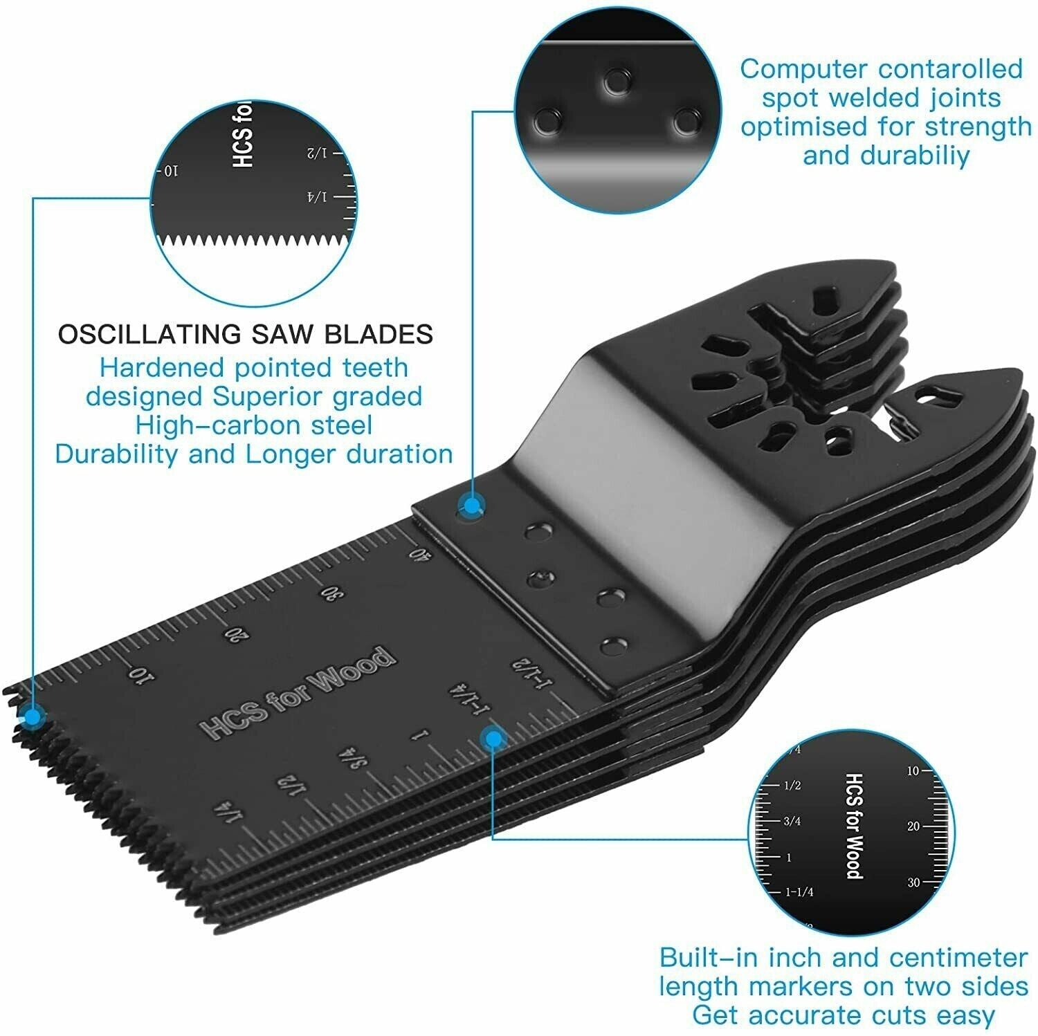 A set of 20 oscillating multi tool saw blades designed for cutting wood and metal, showcasing their sharp teeth and durable construction.