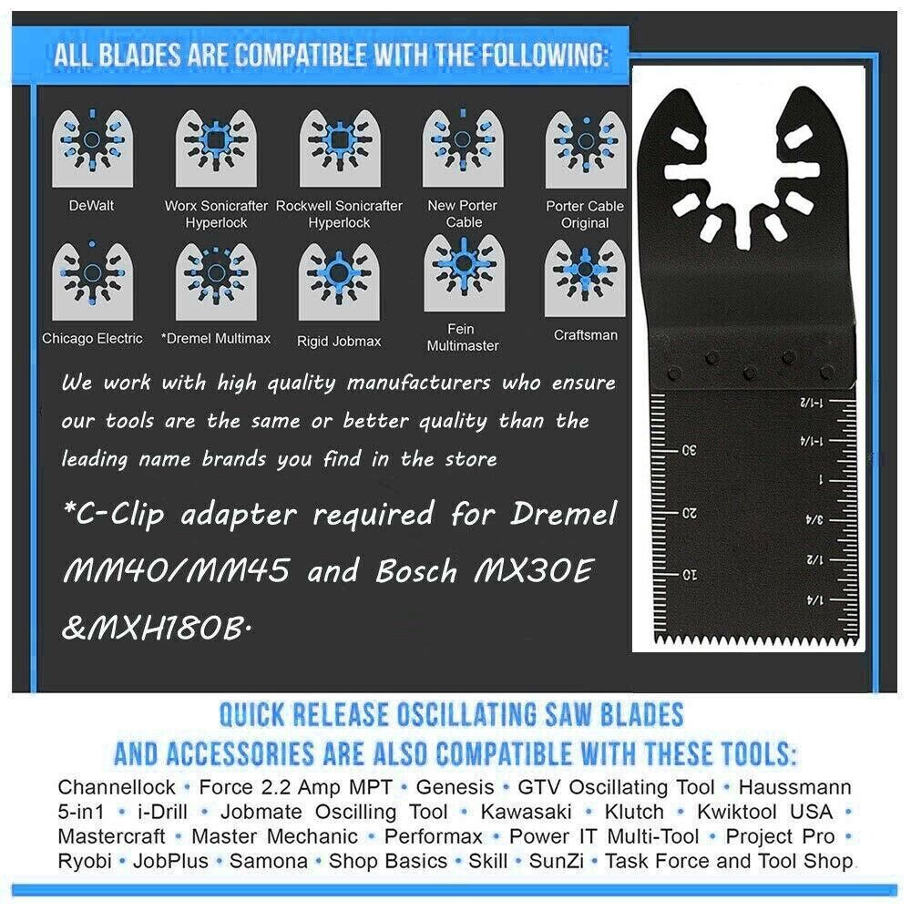 A set of 20 oscillating multi tool saw blades designed for cutting wood and metal, showcasing their sharp teeth and durable construction.