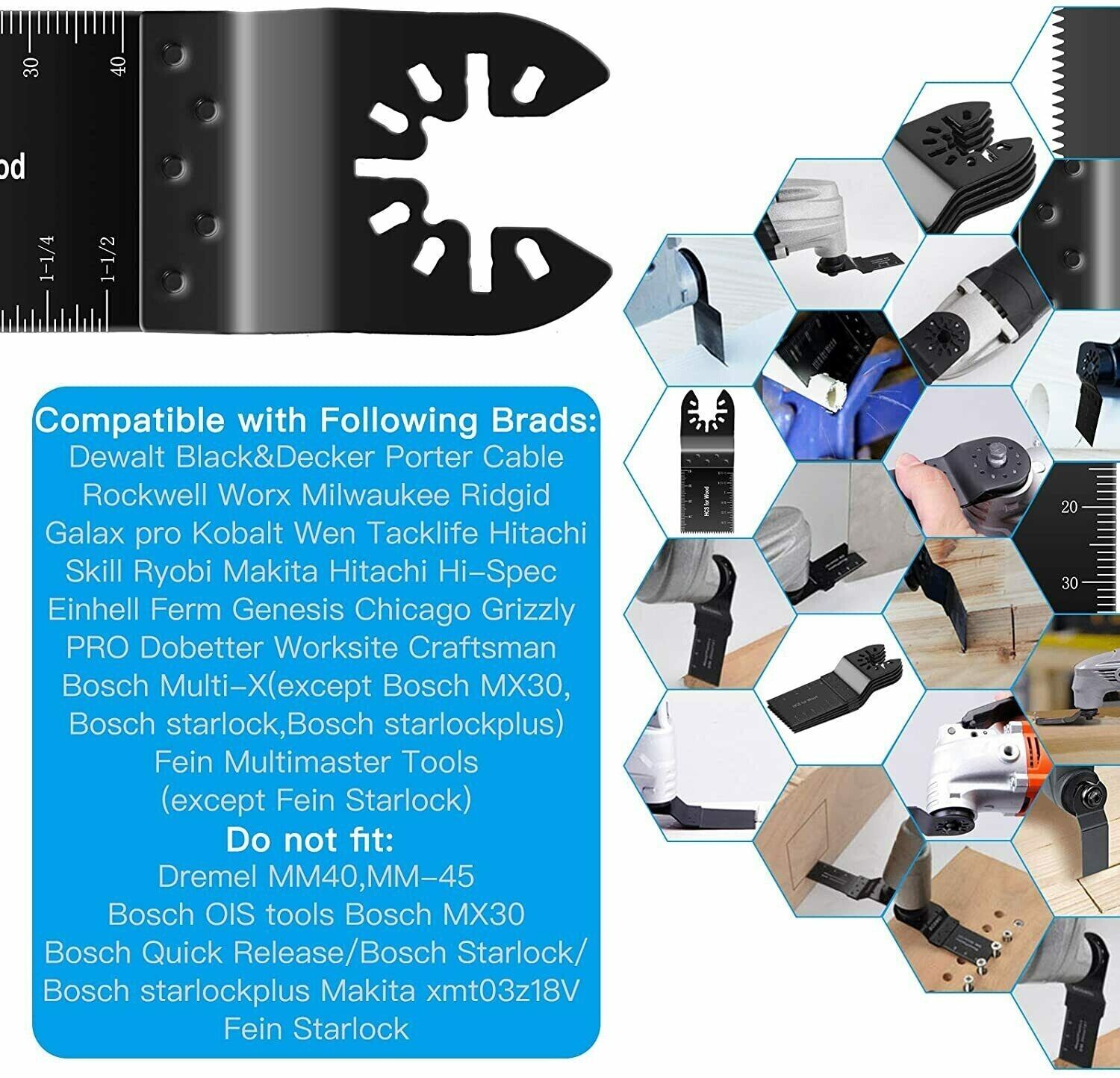 A set of 20 oscillating multi tool saw blades designed for cutting wood and metal, showcasing their sharp teeth and durable construction.