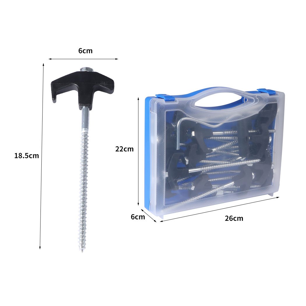 20 heavy duty galvanized steel tent pegs with sharp pointed ends, packaged in a blue carry case, ideal for camping stability.