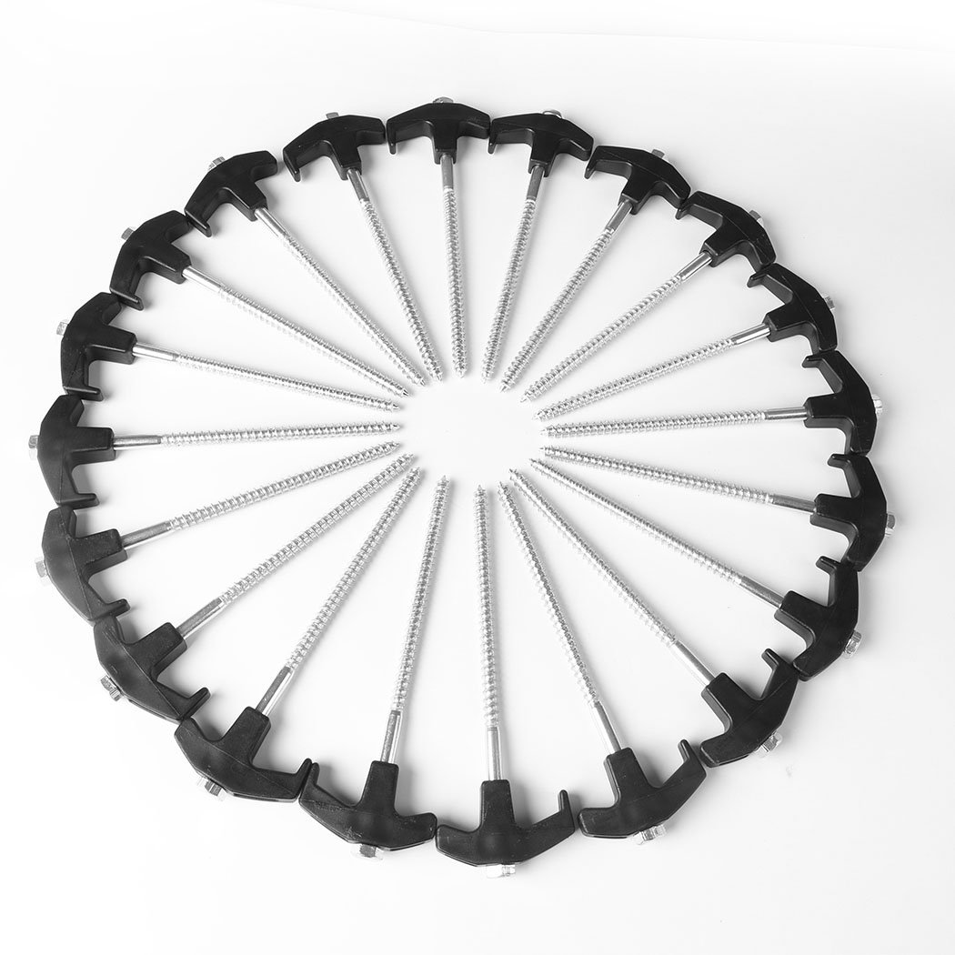 20 heavy duty galvanized steel tent pegs with sharp pointed ends, packaged in a blue carry case, ideal for camping stability.