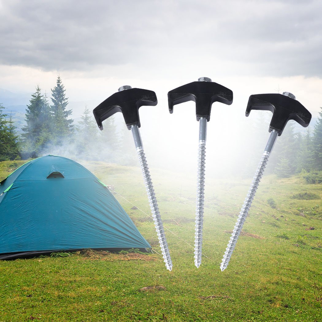 20 heavy duty galvanized steel tent pegs with sharp pointed ends, packaged in a blue carry case, ideal for camping stability.