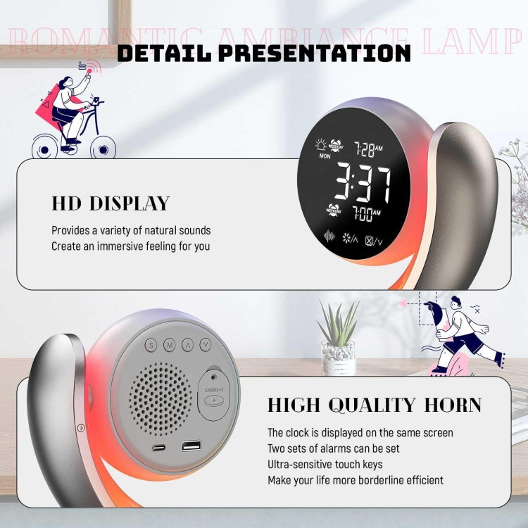 20W Dual Alarm Clock with Touch Control, RGB Light, and Nature Music features a sleek design with adjustable brightness and colors.