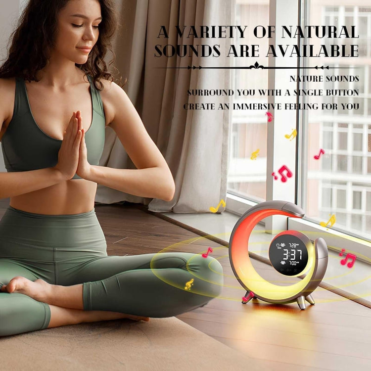 20W Dual Alarm Clock with Touch Control, RGB Light, and Nature Music features a sleek design with adjustable brightness and colors.