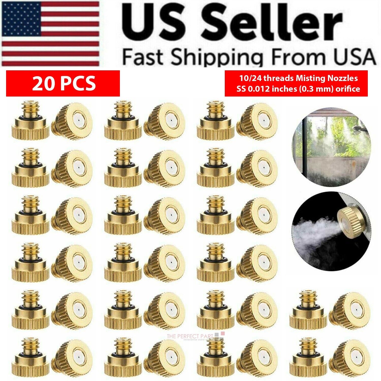 20x Brass Misting Nozzles Mister Sprinkler system for outdoor cooling, featuring brass construction and fine mist technology.