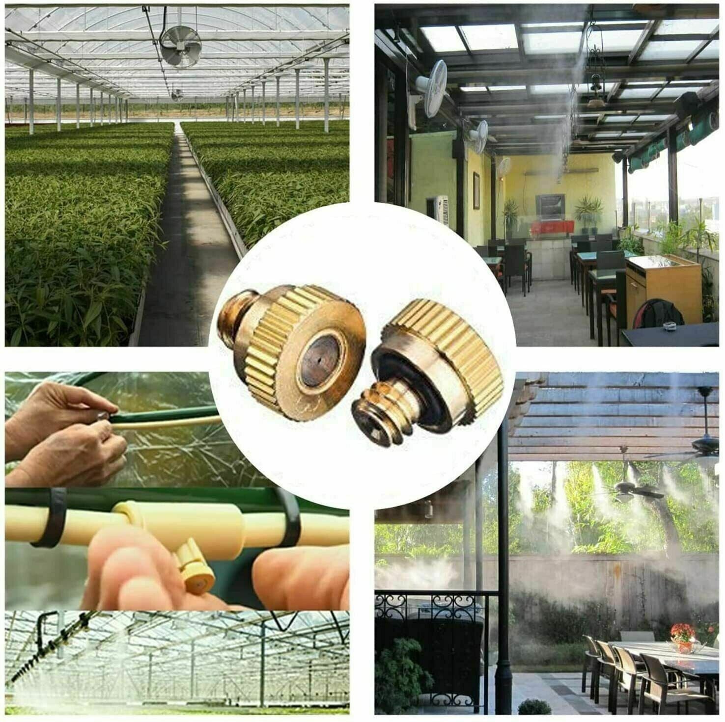 20x Brass Misting Nozzles Mister Sprinkler system for outdoor cooling, featuring brass construction and fine mist technology.