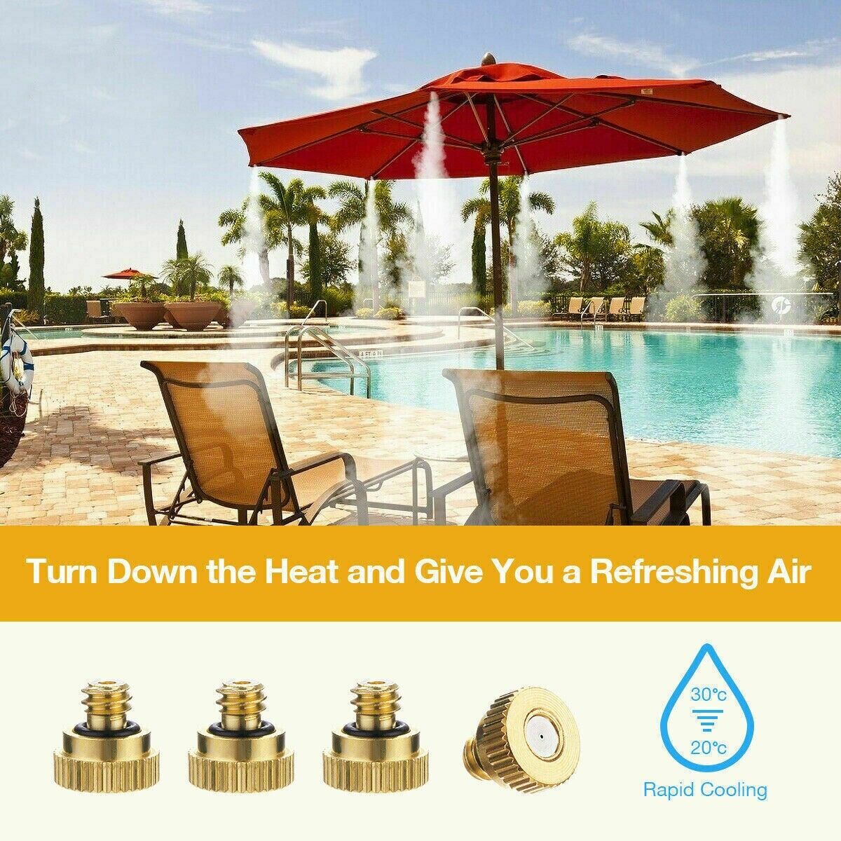 20x Brass Misting Nozzles Mister Sprinkler system for outdoor cooling, featuring brass construction and fine mist technology.