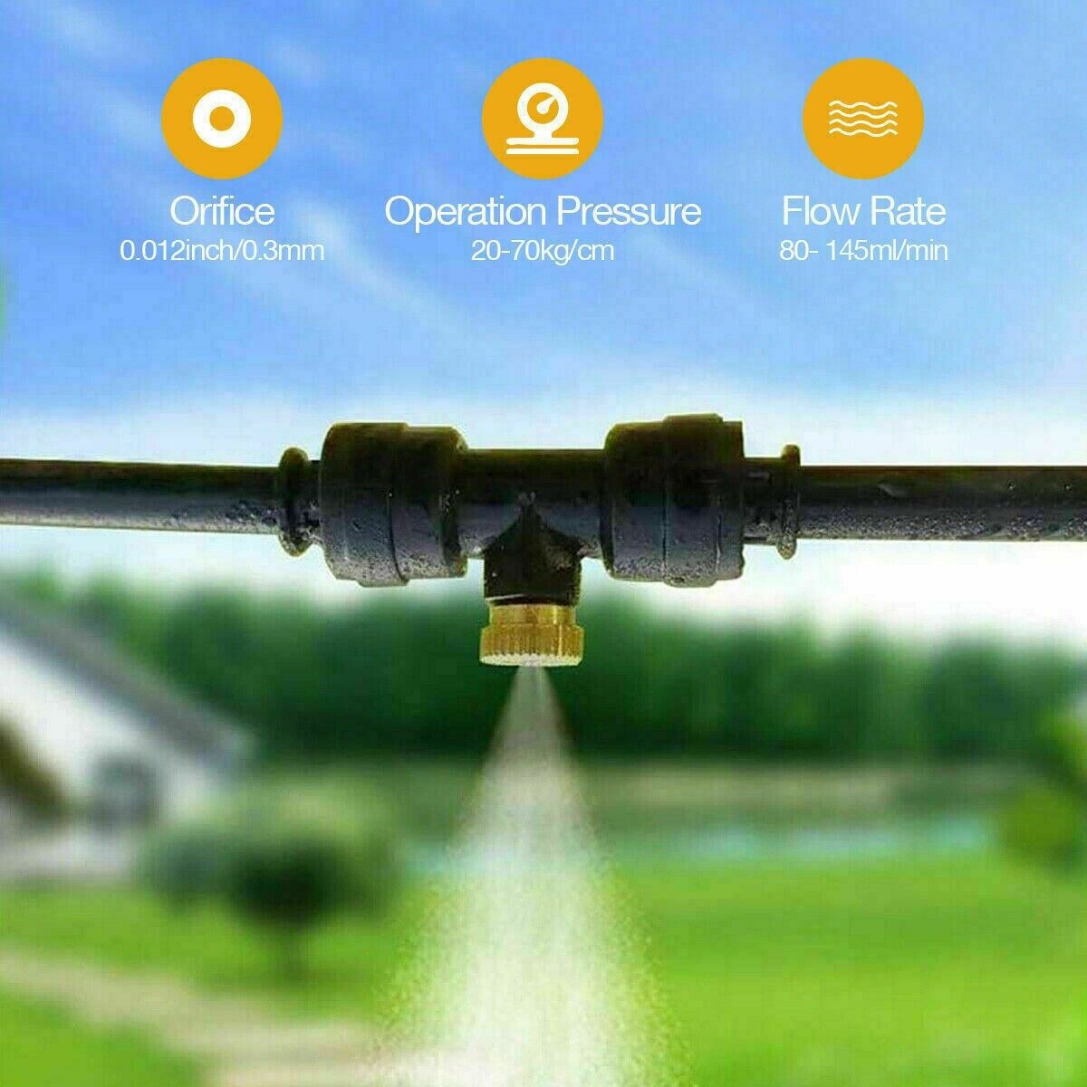 20x Brass Misting Nozzles Mister Sprinkler system for outdoor cooling, featuring brass construction and fine mist technology.