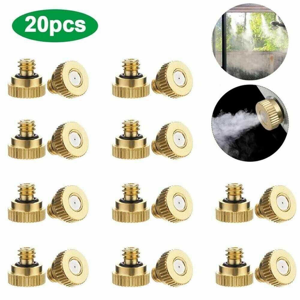 20x Brass Misting Nozzles Mister Sprinkler system for outdoor cooling, featuring brass construction and fine mist technology.