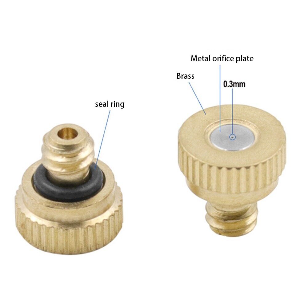 20x Brass Misting Nozzles Mister Sprinkler system for outdoor cooling, featuring brass construction and fine mist technology.