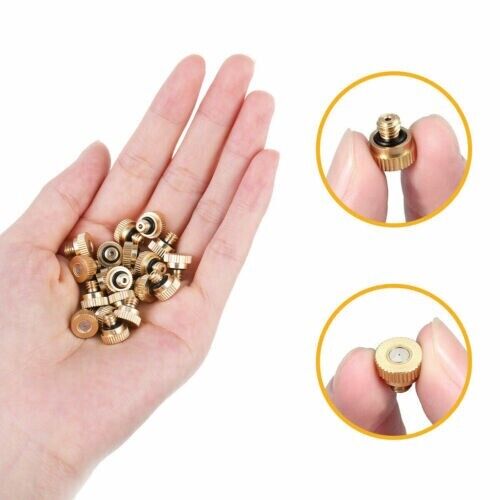 20x Brass Misting Nozzles Mister Sprinkler system for outdoor cooling, featuring brass construction and fine mist technology.