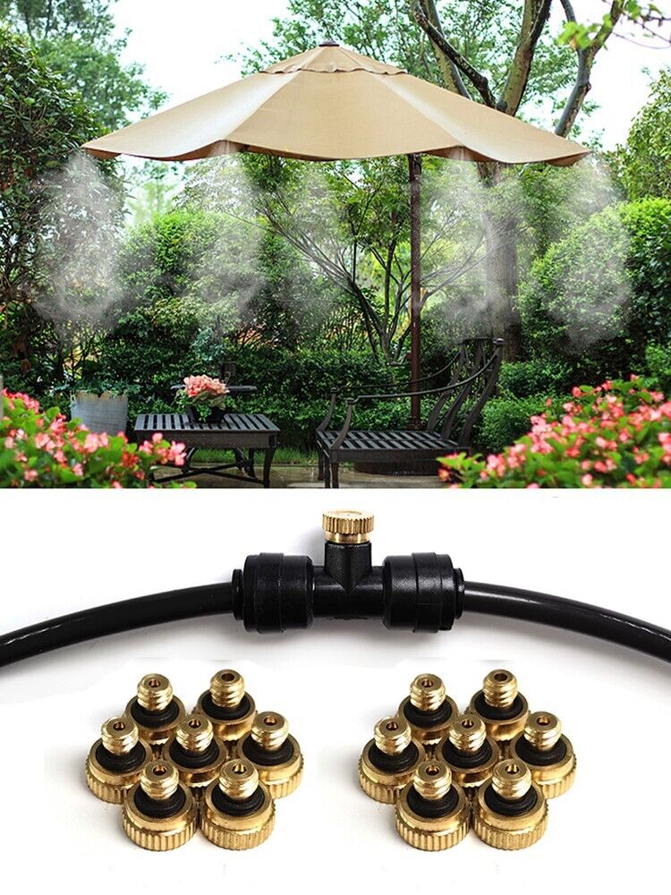 20x Brass Misting Nozzles Mister Sprinkler system for outdoor cooling, featuring brass construction and fine mist technology.