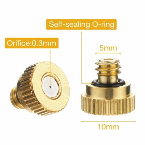 20x Brass Misting Nozzles Mister Sprinkler system for outdoor cooling, featuring brass construction and fine mist technology.