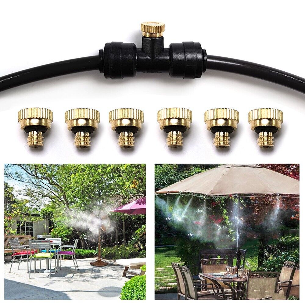 20x Brass Misting Nozzles Mister Sprinkler system for outdoor cooling, featuring brass construction and fine mist technology.