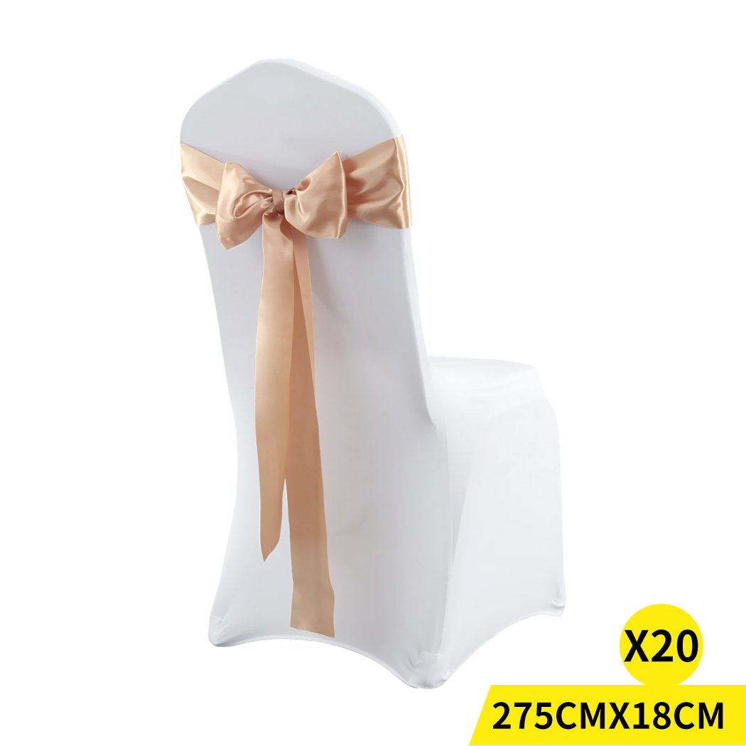 20 satin chair sashes in various colors elegantly draped over chairs, perfect for weddings and events.