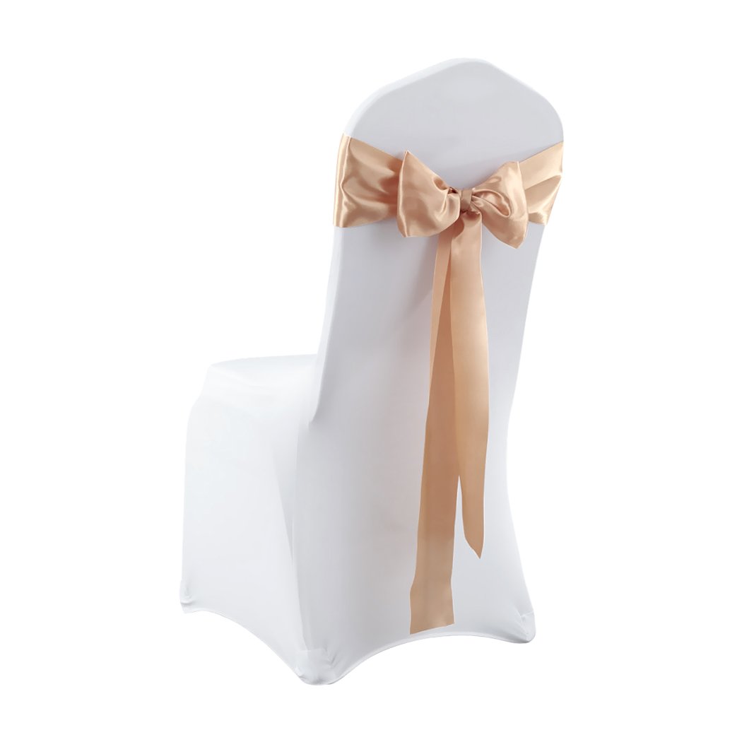 20 satin chair sashes in various colors elegantly draped over chairs, perfect for weddings and events.