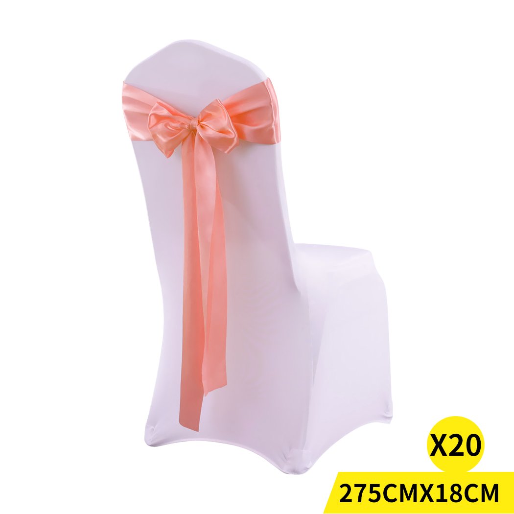20 satin chair sashes in various colors elegantly draped over chairs for event decoration.