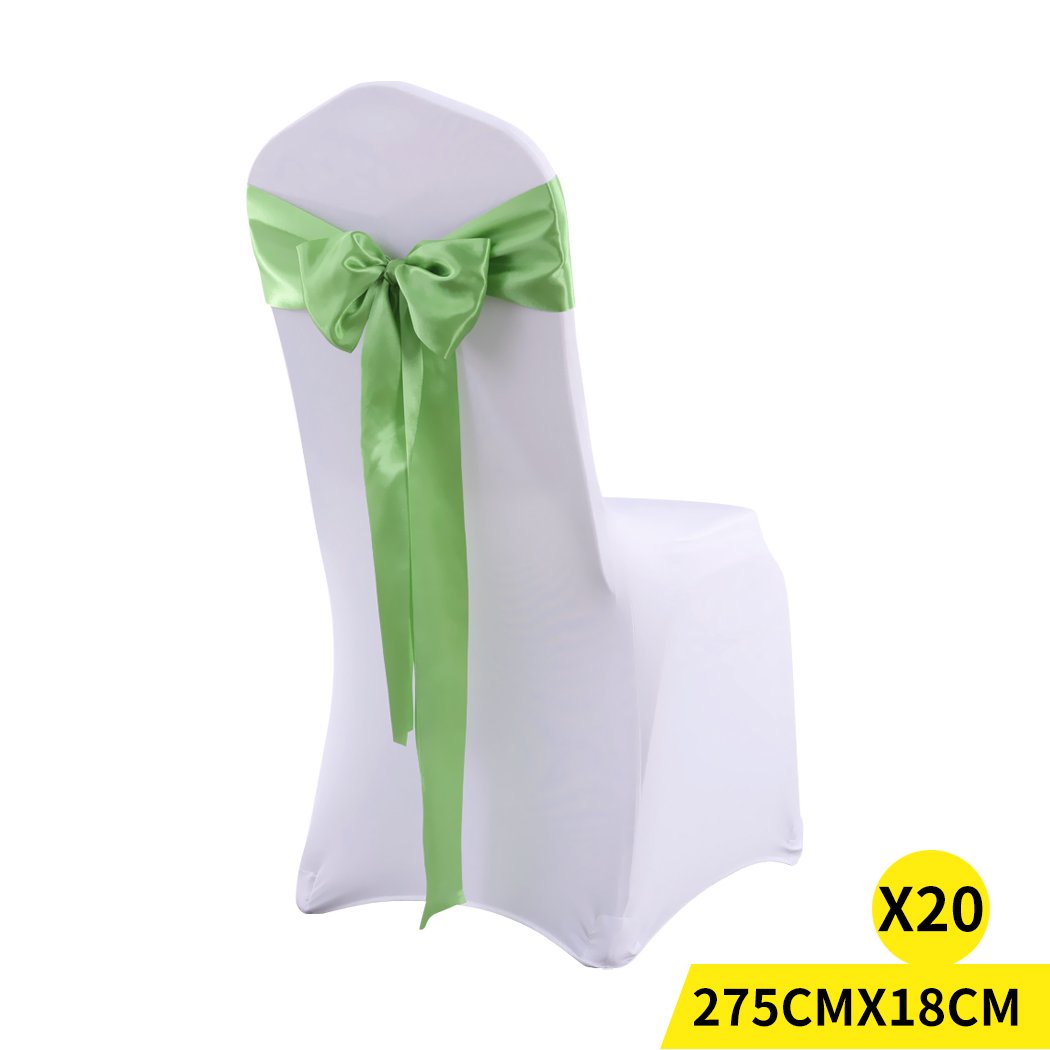 20 satin chair sashes in various colors elegantly draped over chairs, perfect for weddings and events.