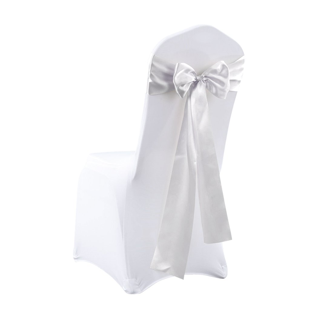 20 satin chair sashes in various colors elegantly draped over chairs, perfect for weddings and events.