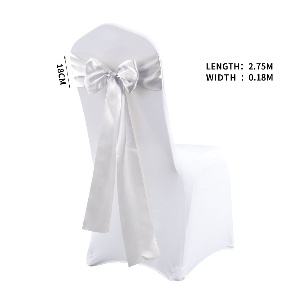 20 satin chair sashes in various colors elegantly draped over chairs, perfect for weddings and events.