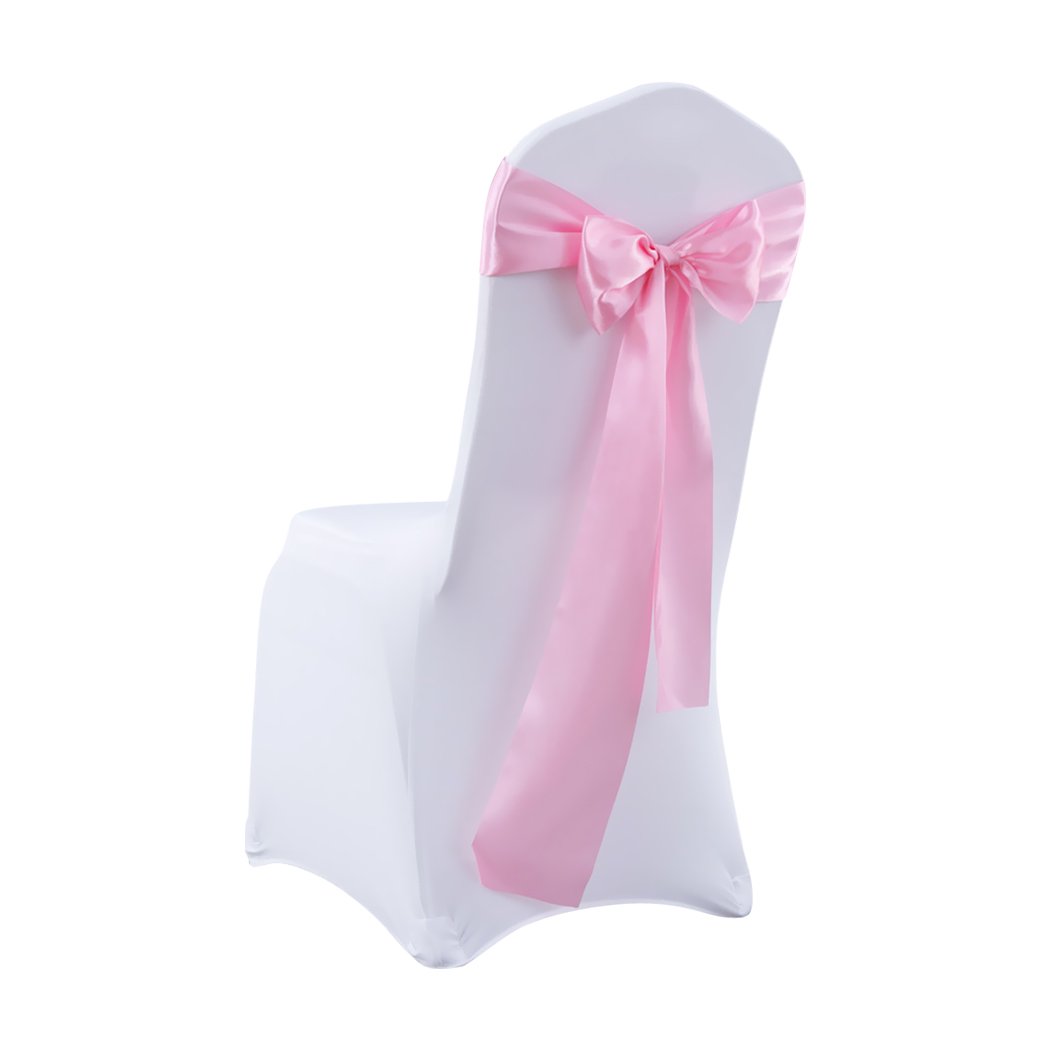 20 satin chair sashes in various colors elegantly draped over chairs for event decoration.