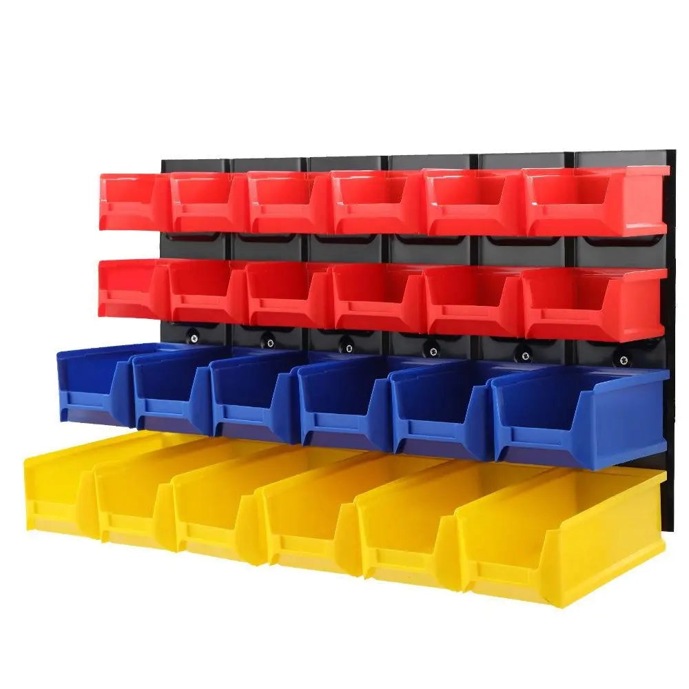 24 Bin Wall Mounted Rack with various sized bins for tool storage, featuring a durable steel backboard and labelling slots.