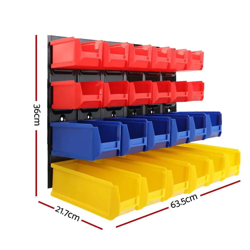 24 Bin Wall Mounted Rack with various sized bins for tool storage, featuring a durable steel backboard and labelling slots.