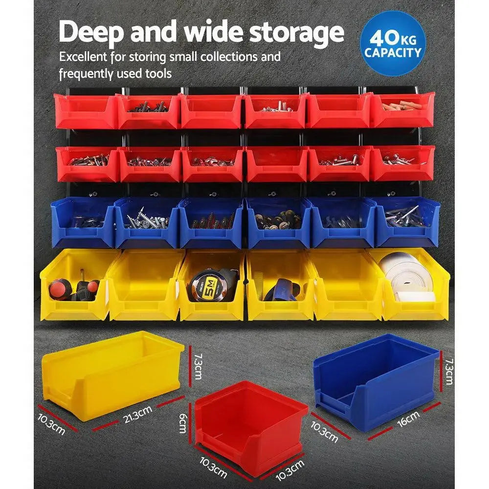 24 Bin Wall Mounted Rack with various sized bins for tool storage, featuring a durable steel backboard and labelling slots.