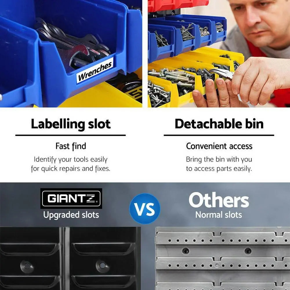 24 Bin Wall Mounted Rack with various sized bins for tool storage, featuring a durable steel backboard and labelling slots.