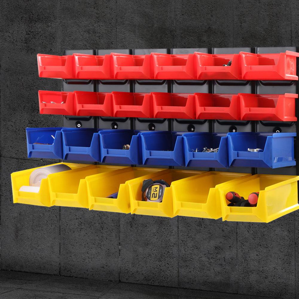 24 Bin Wall Mounted Rack with various sized bins for tool storage, featuring a durable steel backboard and labelling slots.