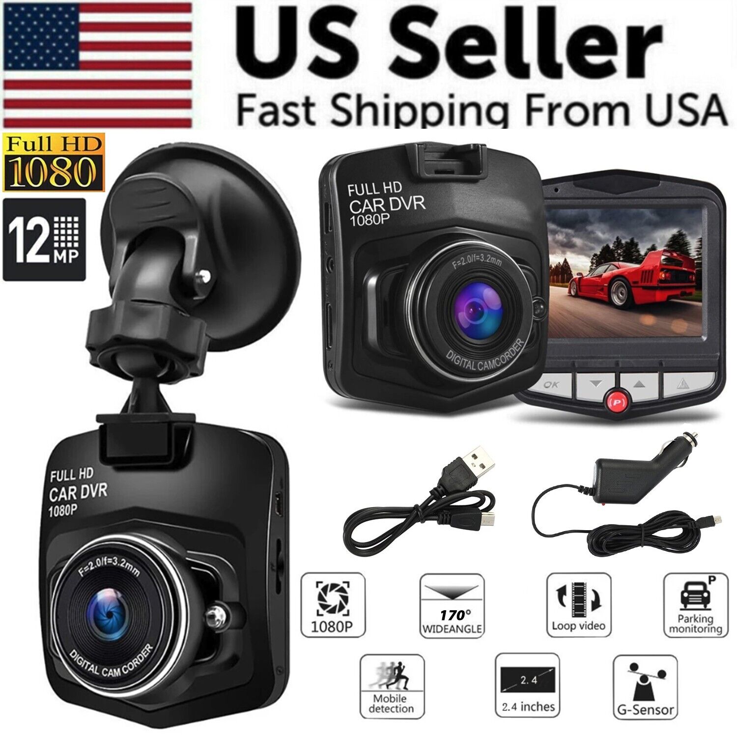 2.4 inch Full HD 1080P Dash Cam with night vision and wide-angle lens, designed for front or rear installation in vehicles.