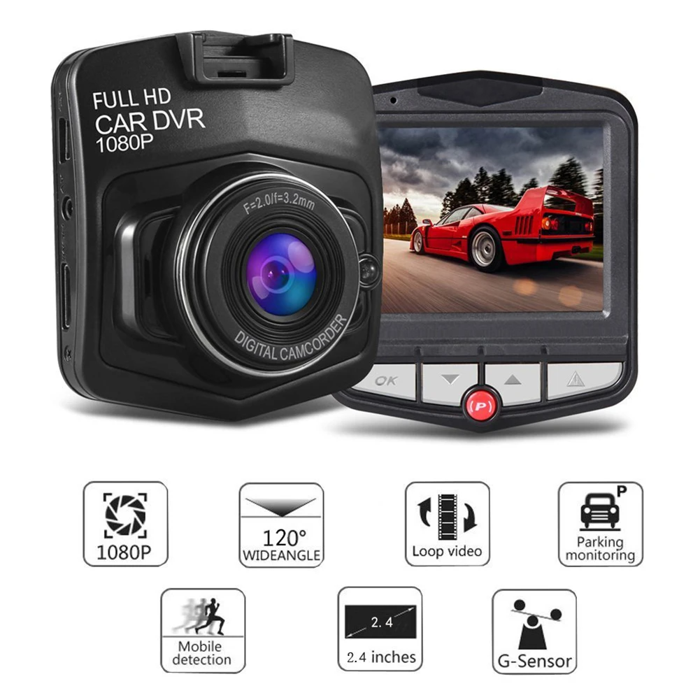 2.4 inch Full HD 1080P Dash Cam with night vision and wide-angle lens, designed for front or rear installation in vehicles.