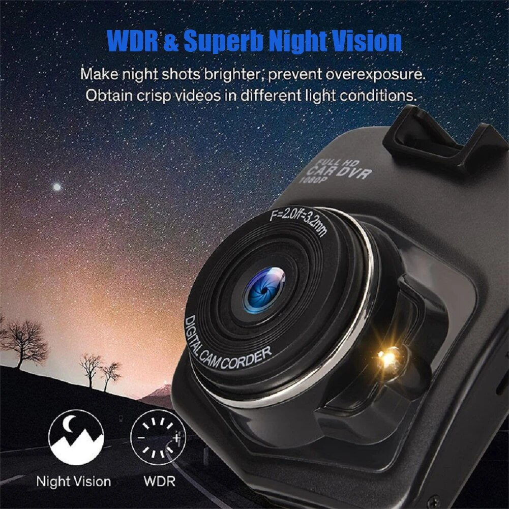 2.4 inch Full HD 1080P Dash Cam with night vision and wide-angle lens, designed for front or rear installation in vehicles.