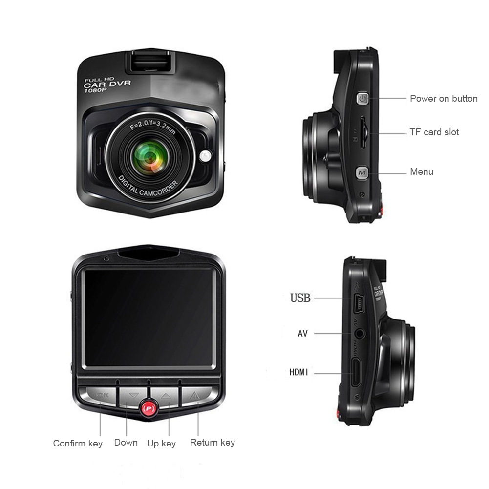 2.4 inch Full HD 1080P Dash Cam with night vision and wide-angle lens, designed for front or rear installation in vehicles.