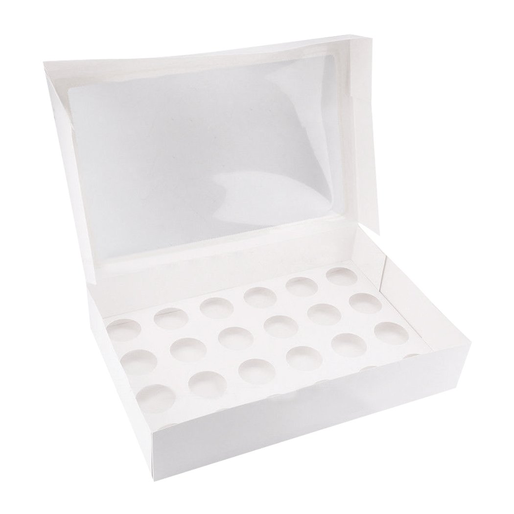 24 Holes Cupcake Boxes with window face and inserts, showcasing a variety of colorful cupcakes inside.