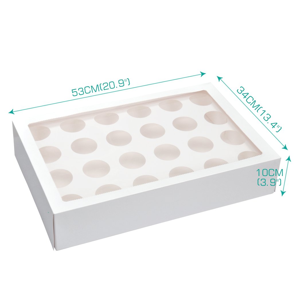 24 Holes Cupcake Boxes with window face and inserts, showcasing a variety of colorful cupcakes inside.