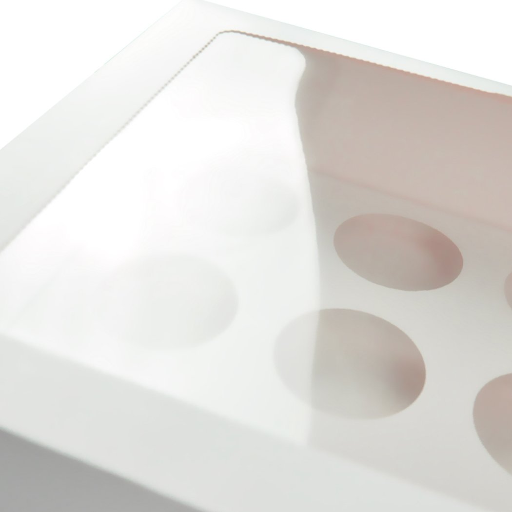 24 Holes Cupcake Boxes with window face and inserts, showcasing a variety of colorful cupcakes inside.